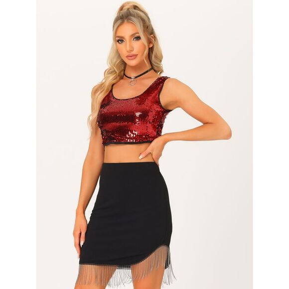 Metallic Sequin Crop Top Sparkle Glitter Sleeveless Party Club Tank Top Red - Picture 2 of 4